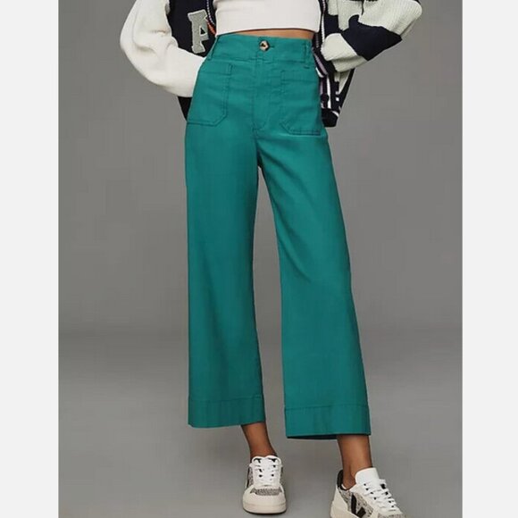Anthropologie Maeve 30P The Colette Cropped Wide-Leg Pants 30 P Emerald Green - Picture 2 of 5